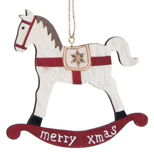 Χριστουγεννιάτικο Κρεμαστό Ξύλινο Αλογάκι, Λευκό με "Merry Xmas" (11cm)